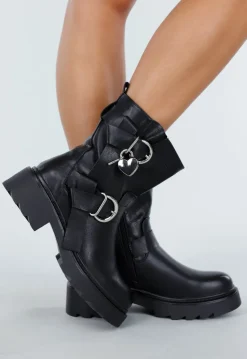 Zwarte Biker Boots met Gespen, Chunky Zool en Hartdetail