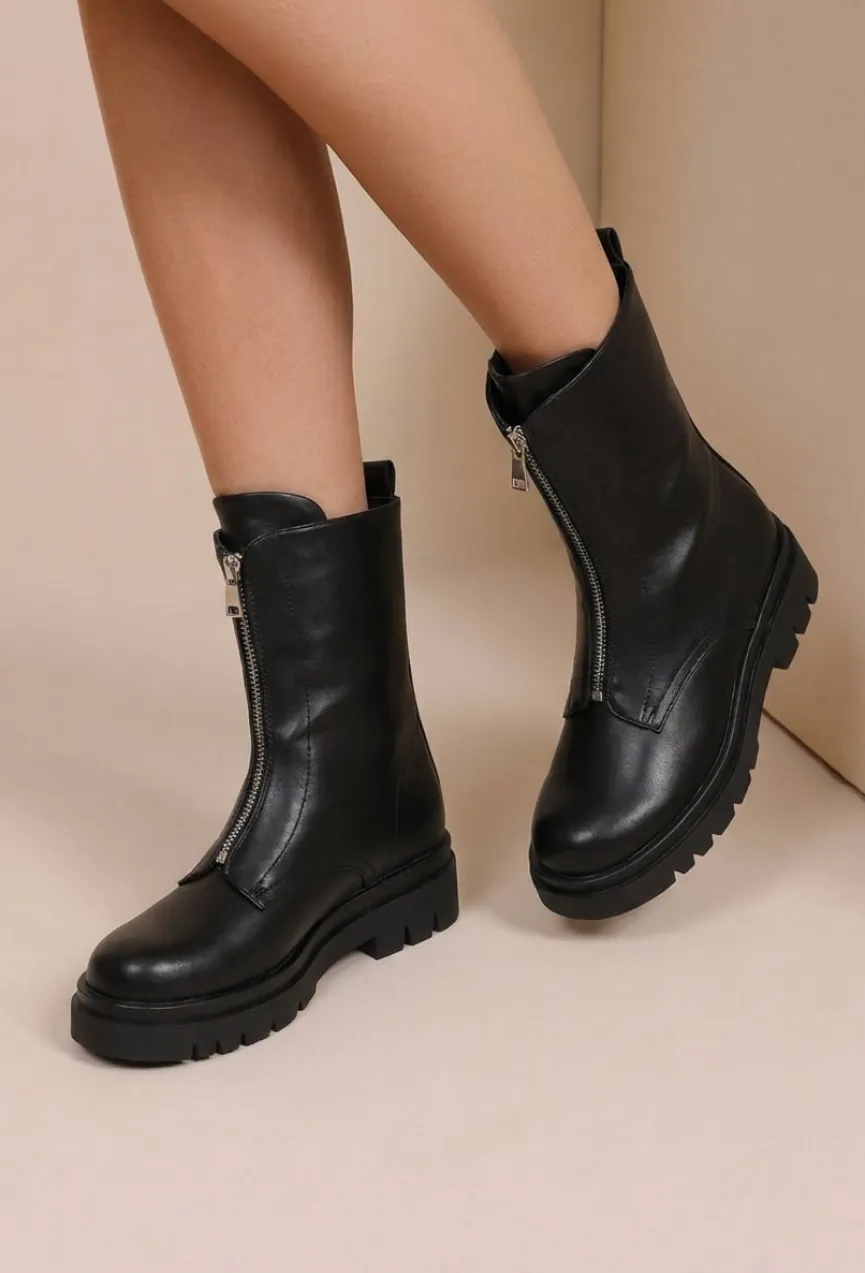 Zwarte Biker Boots met Rits en Grove Zool