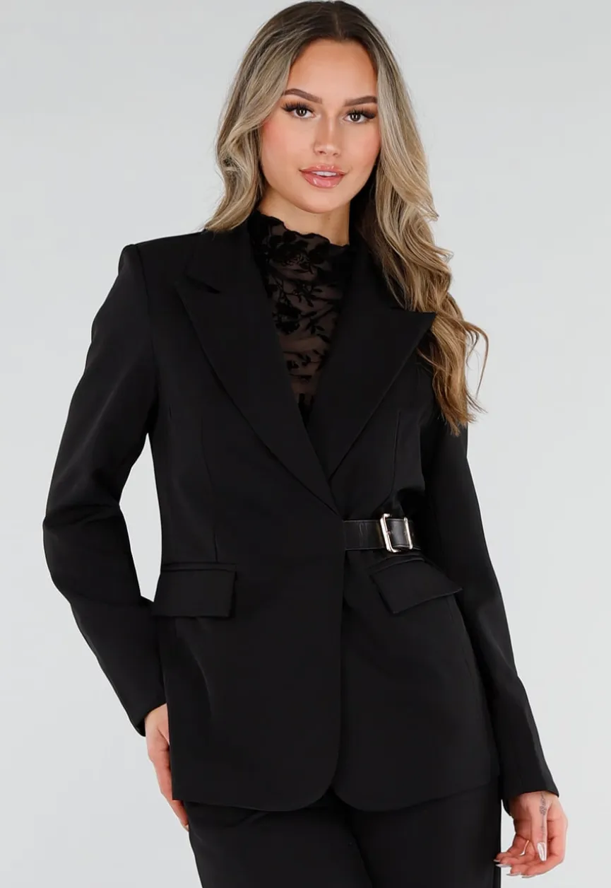 Zwarte Blazer met Goudkleurige Gesp Ceintuur