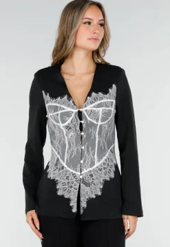 Zwarte Blazer met Lange Mouwen en Wit Kant Detail