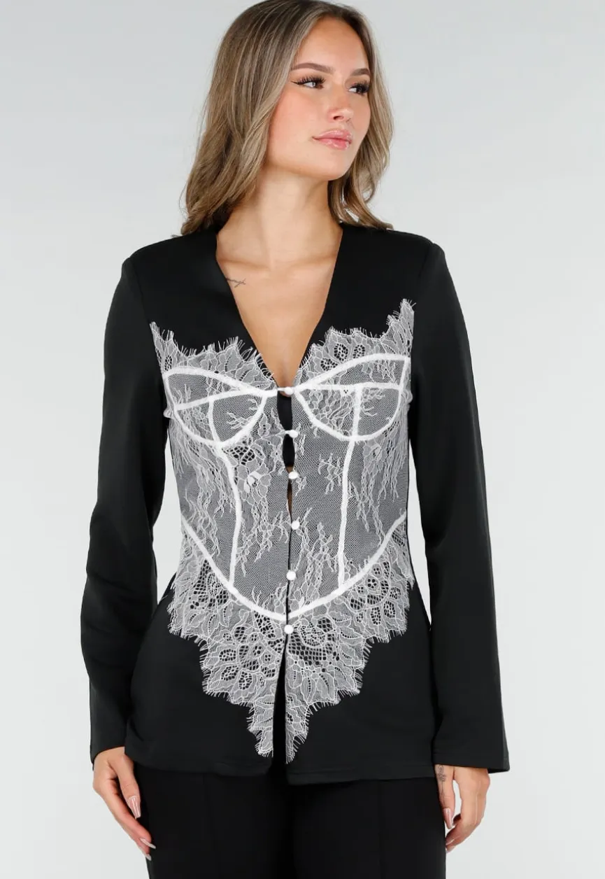 Zwarte Blazer met Lange Mouwen en Wit Kant Detail