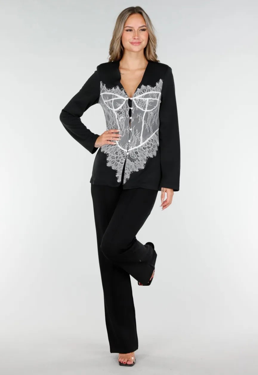 Zwarte Blazer met Lange Mouwen en Wit Kant Detail