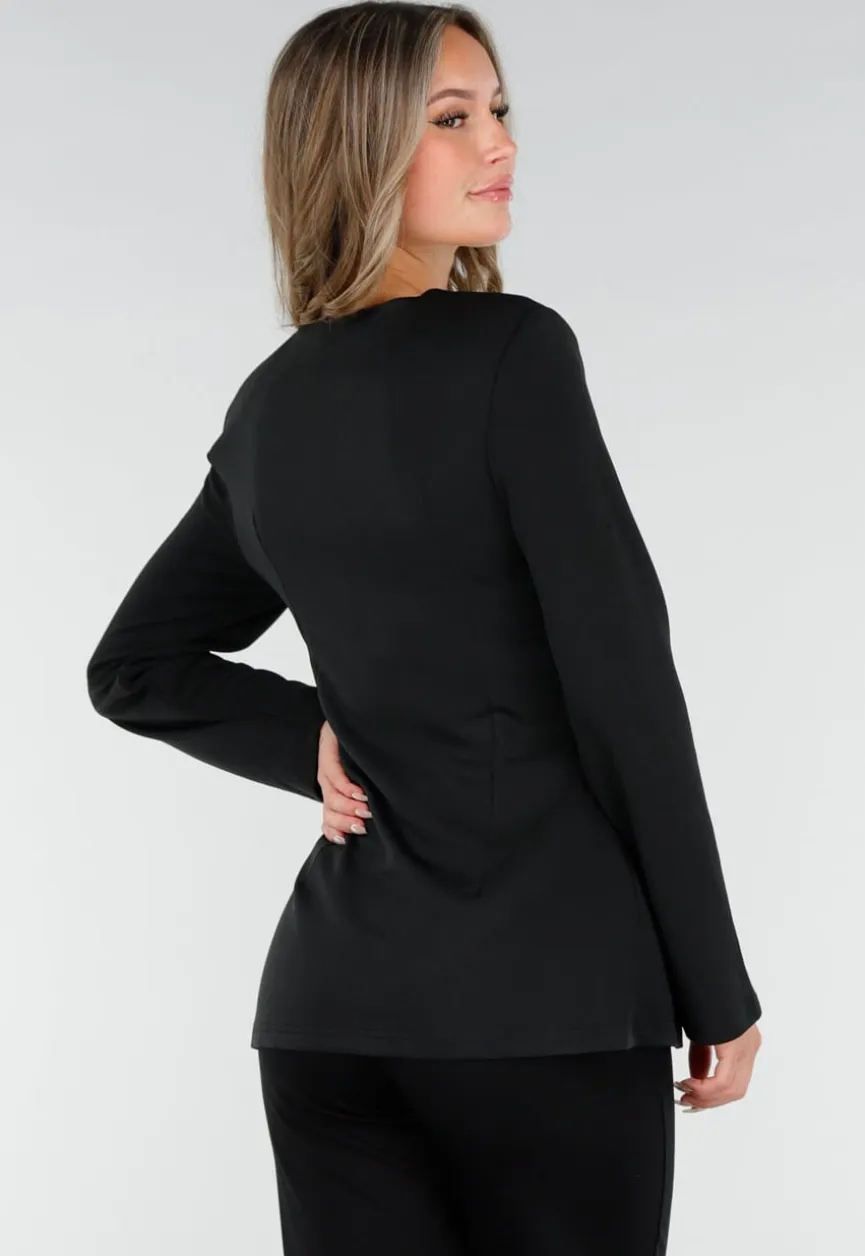 Zwarte Blazer met Lange Mouwen en Wit Kant Detail