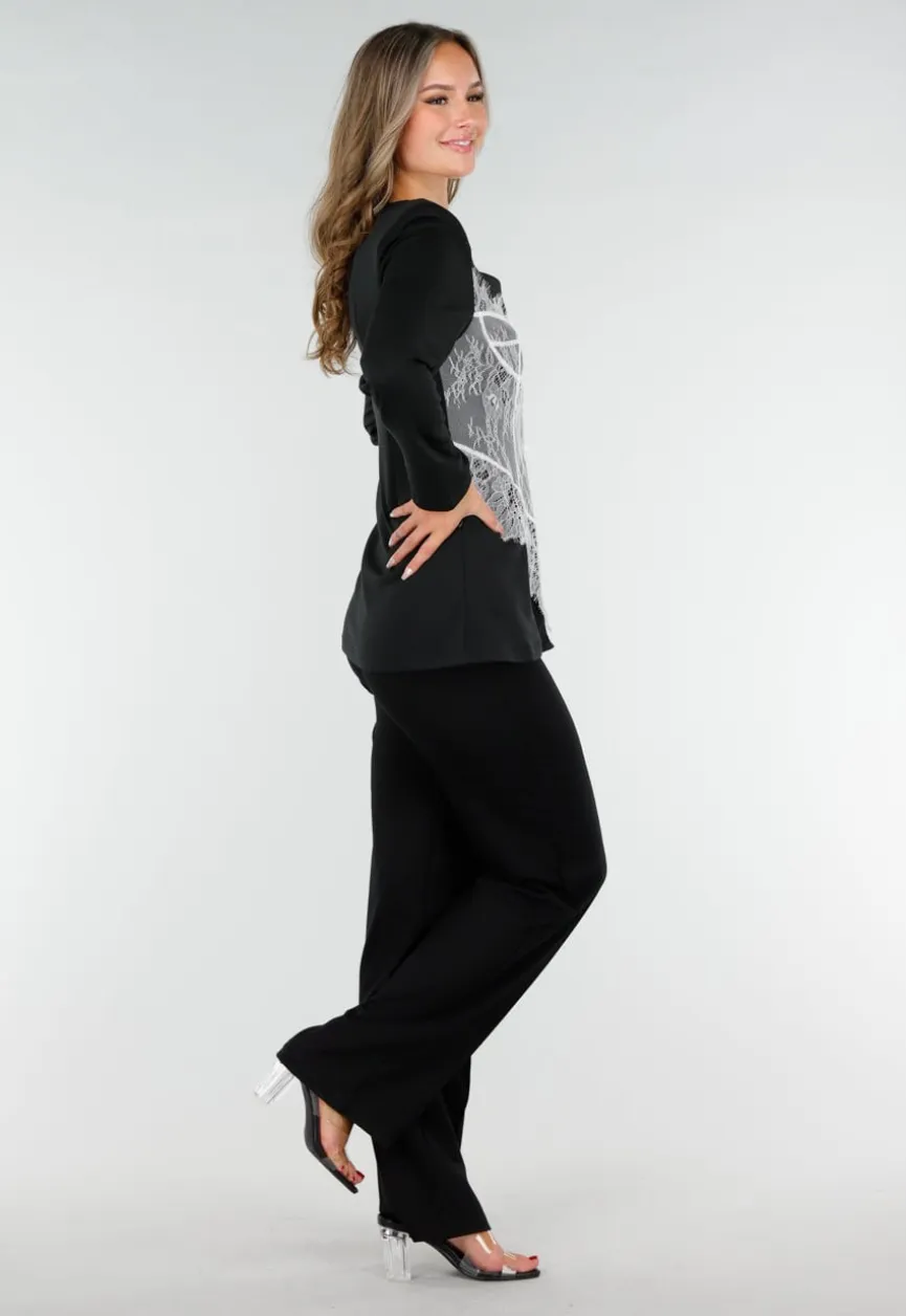 Zwarte Blazer met Lange Mouwen en Wit Kant Detail