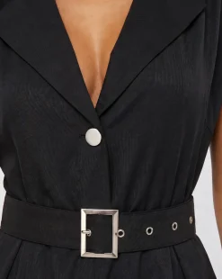 Zwarte Blazer Playsuit met Schoudervulling en Riem