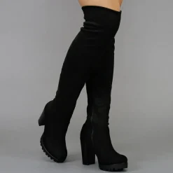 Zwarte Blokhak Suède-Look Overknee Laarzen