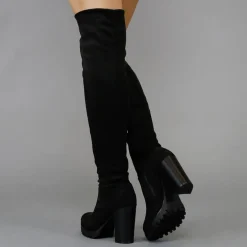 Zwarte Blokhak Suède-Look Overknee Laarzen