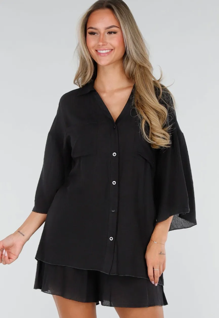 Zwarte Blouse en Short Set met Wijde Mouwen