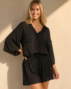 Zwarte Blouse en Short Set met Wijde Mouwen