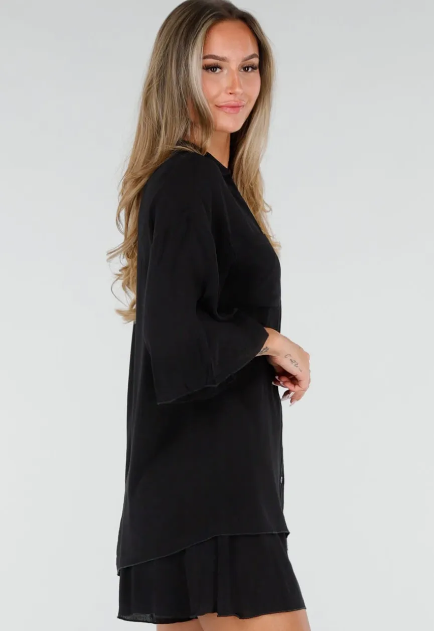 Zwarte Blouse en Short Set met Wijde Mouwen