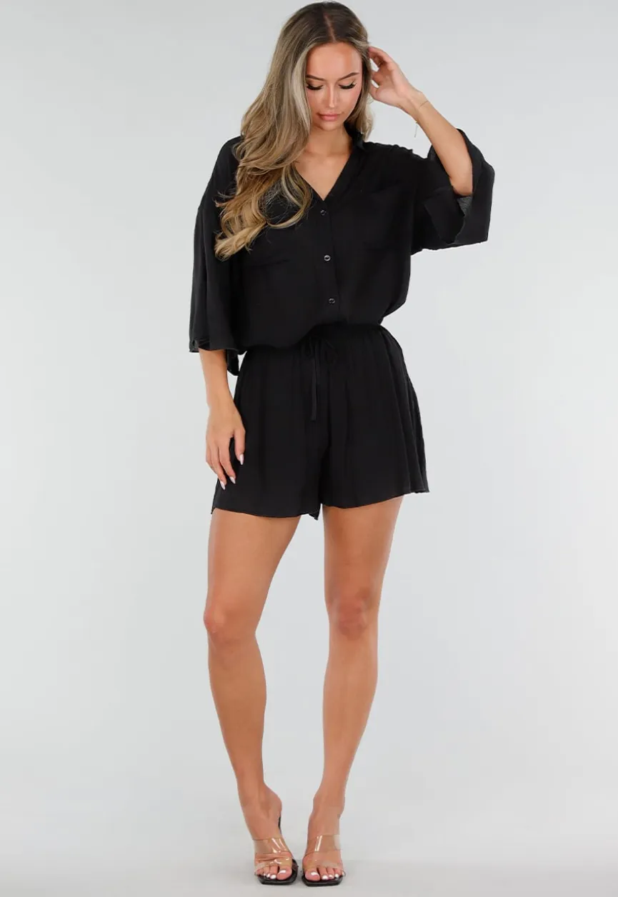 Zwarte Blouse en Short Set met Wijde Mouwen