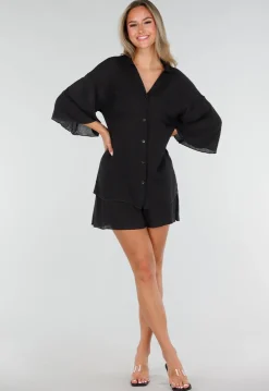 Zwarte Blouse en Short Set met Wijde Mouwen