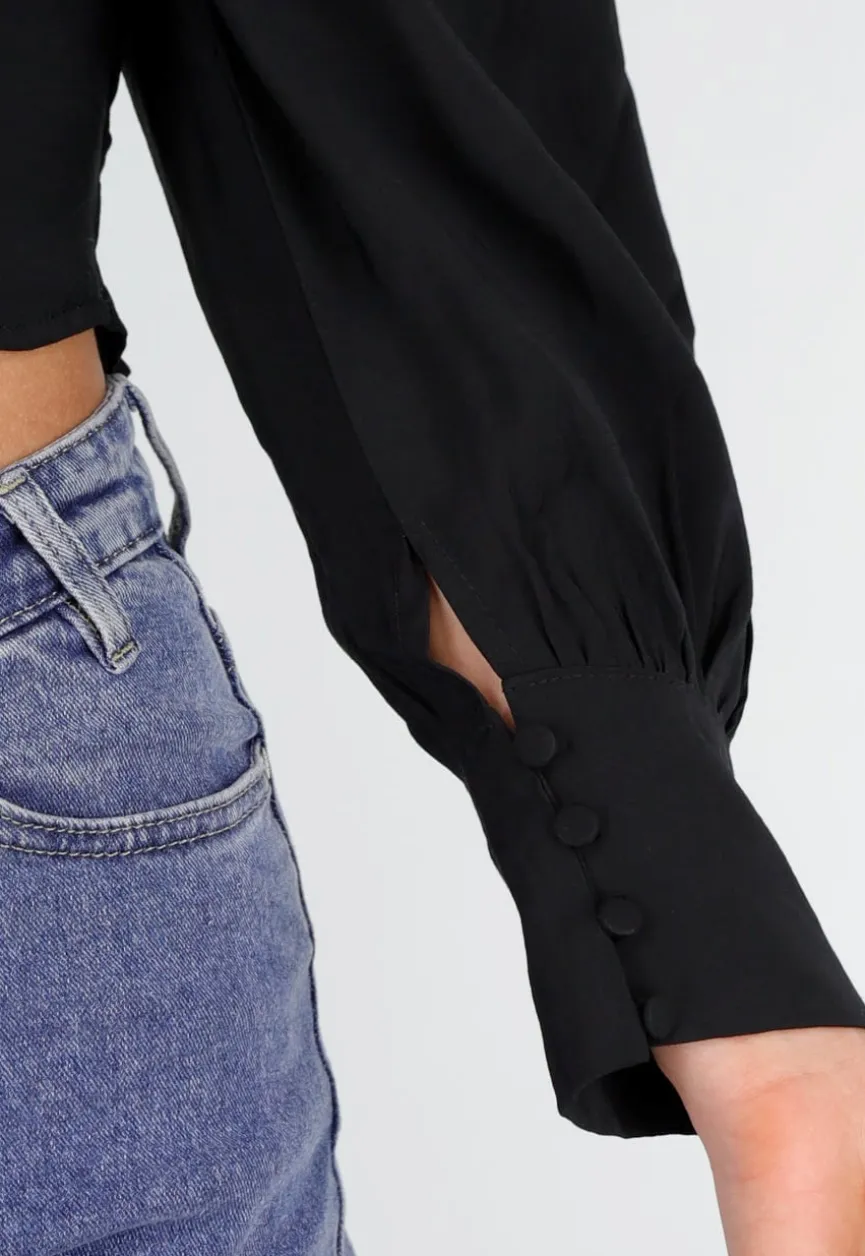 Zwarte Blouse met Lange Pofmouwen en Knopen
