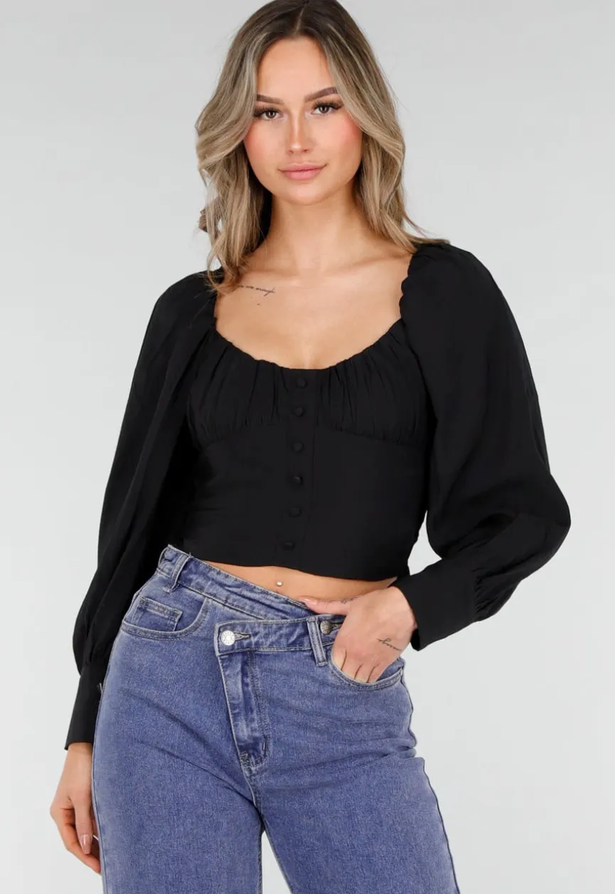 Zwarte Blouse met Lange Pofmouwen en Knopen