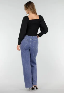 Zwarte Blouse met Lange Pofmouwen en Knopen