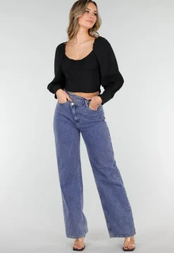 Zwarte Blouse met Lange Pofmouwen en Knopen