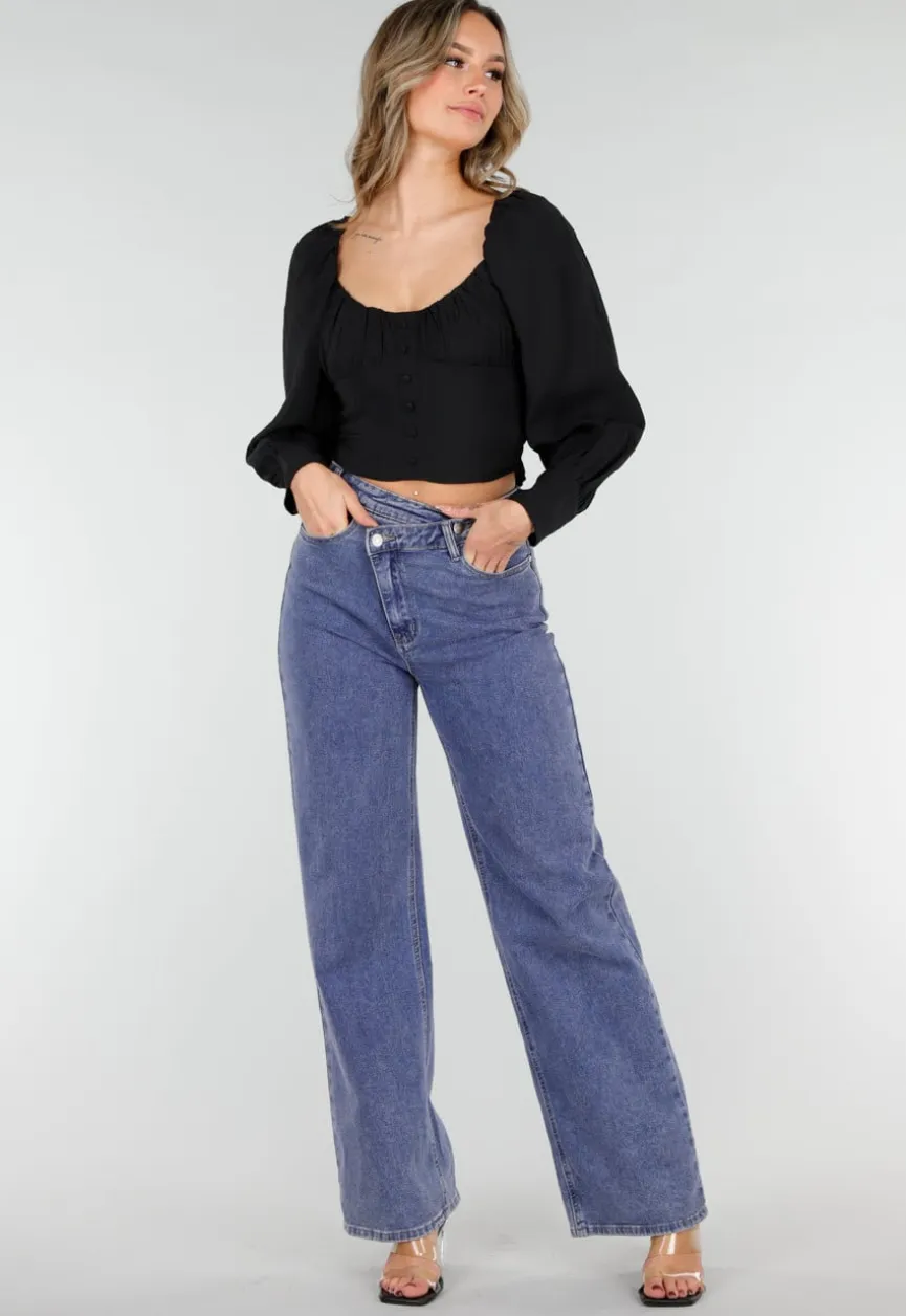 Zwarte Blouse met Lange Pofmouwen en Knopen