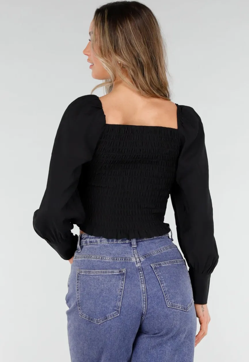 Zwarte Blouse met Lange Pofmouwen en Knopen