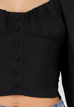 Zwarte Blouse met Lange Pofmouwen en Knopen