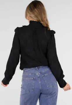 Zwarte Blouse met Ruches en Lange Mouwen