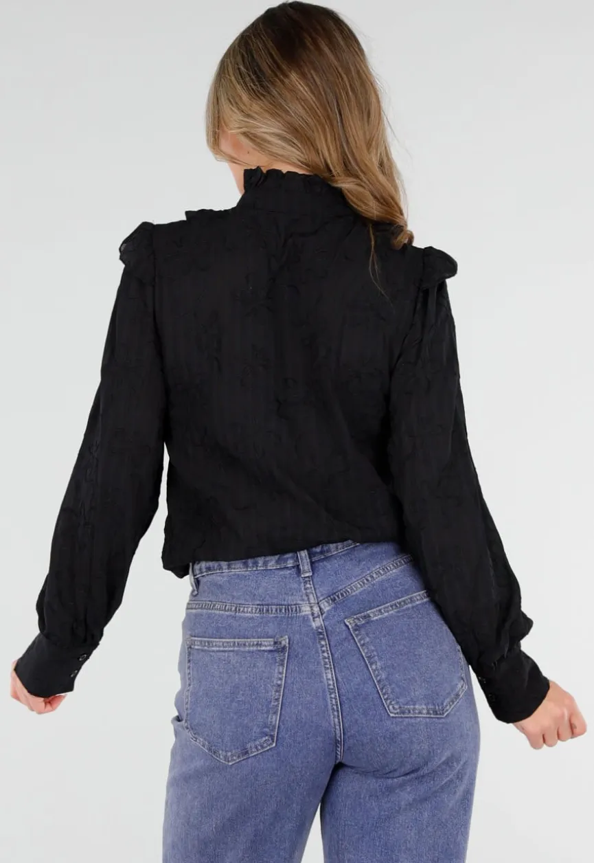Zwarte Blouse met Ruches en Lange Mouwen