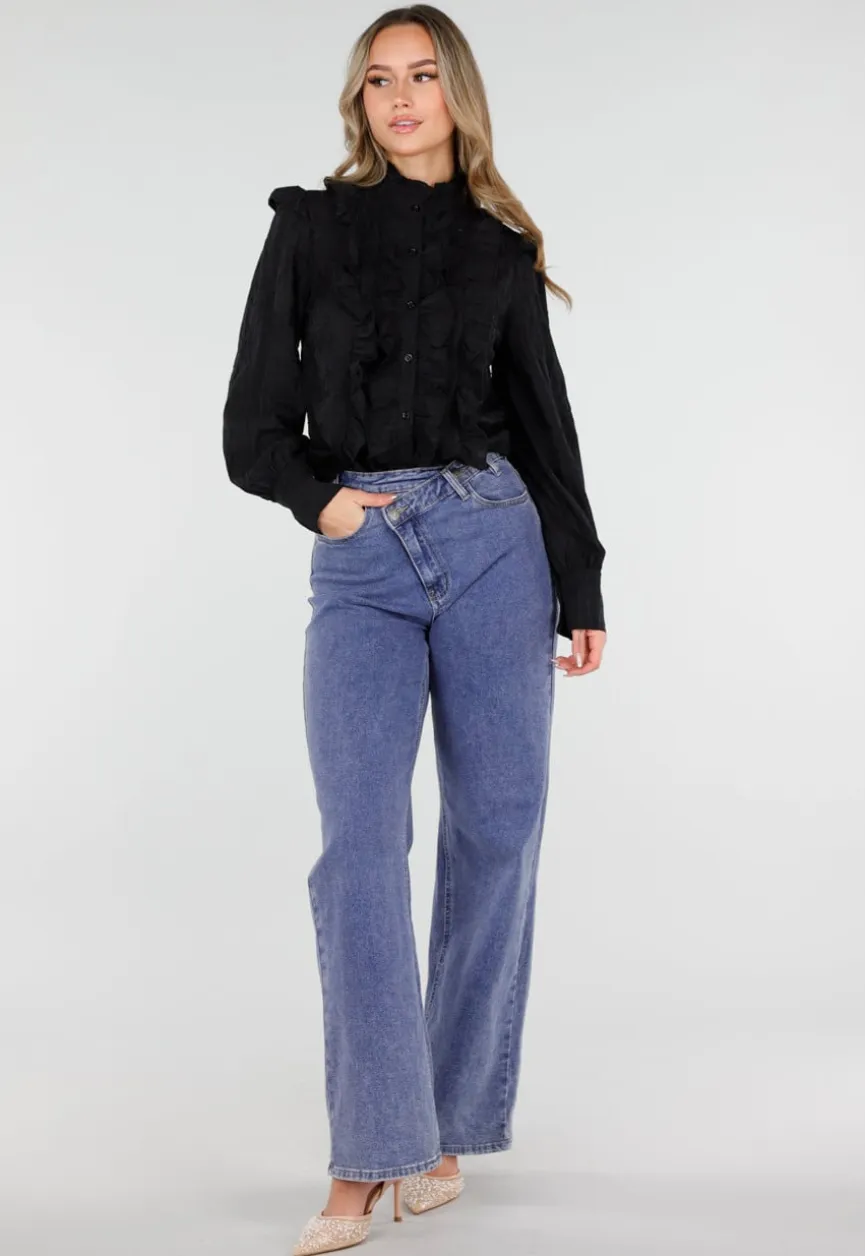 Zwarte Blouse met Ruches en Lange Mouwen