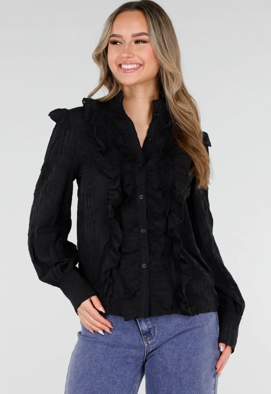 Zwarte Blouse met Ruches en Lange Mouwen