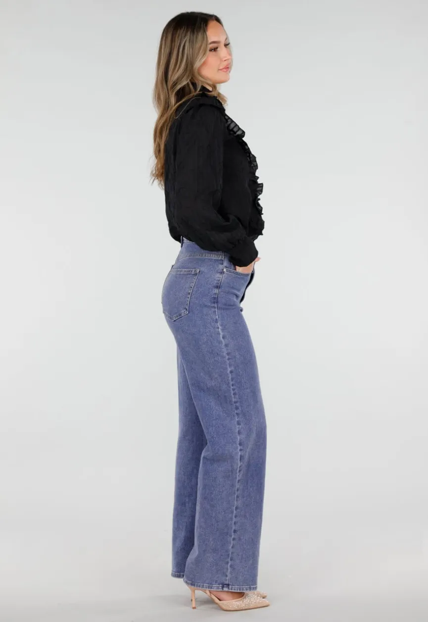 Zwarte Blouse met Ruches en Lange Mouwen