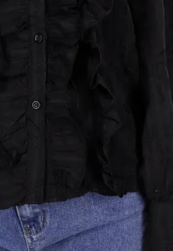 Zwarte Blouse met Ruches en Lange Mouwen