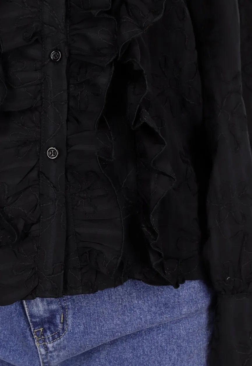 Zwarte Blouse met Ruches en Lange Mouwen