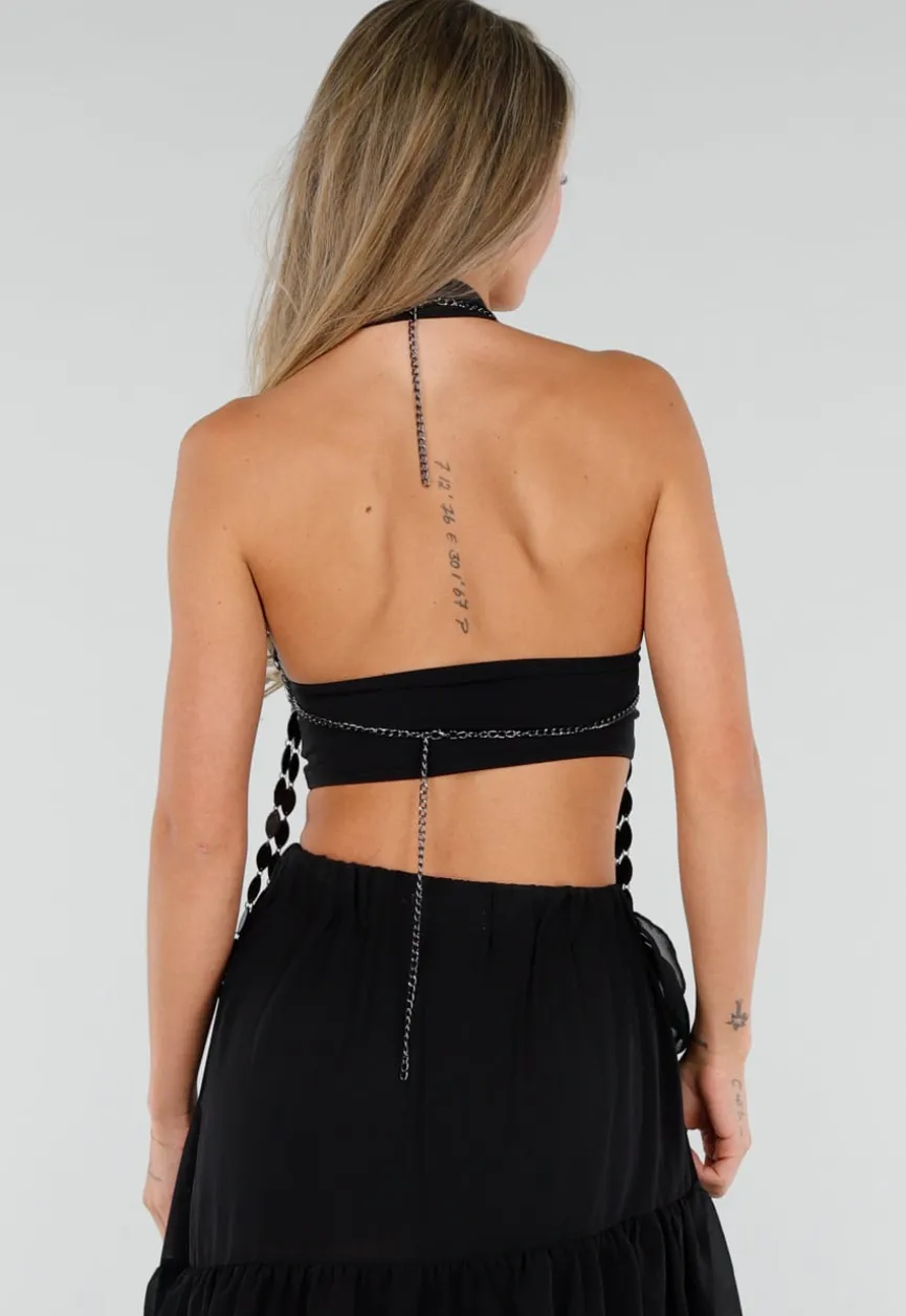 Zwarte Bodychain met Zwarte Stenen en Meerdere Kettingen