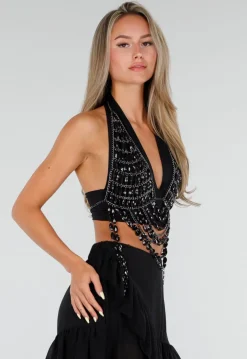 Zwarte Bodychain met Zwarte Stenen en Meerdere Kettingen