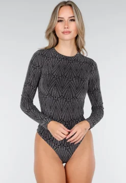 Zwarte Body met Zilveren Print en Lange Mouwen