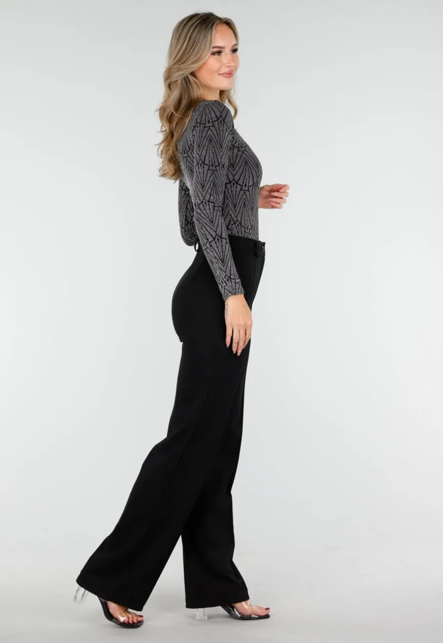 Zwarte Body met Zilveren Print en Lange Mouwen