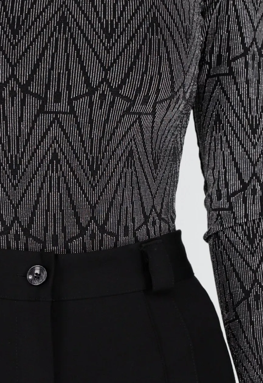 Zwarte Body met Zilveren Print en Lange Mouwen