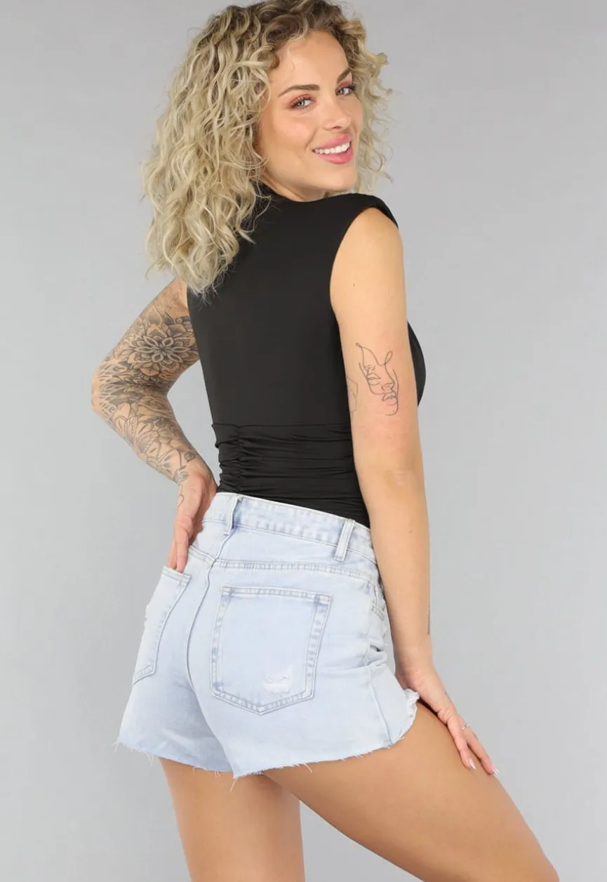 Zwarte Bodysuit met Kanten Decolleté en Schoudervullingen
