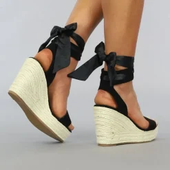 Zwarte Boho Sleehak Sandaletten met Strikdetail