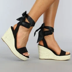 Zwarte Boho Sleehak Sandaletten met Strikdetail