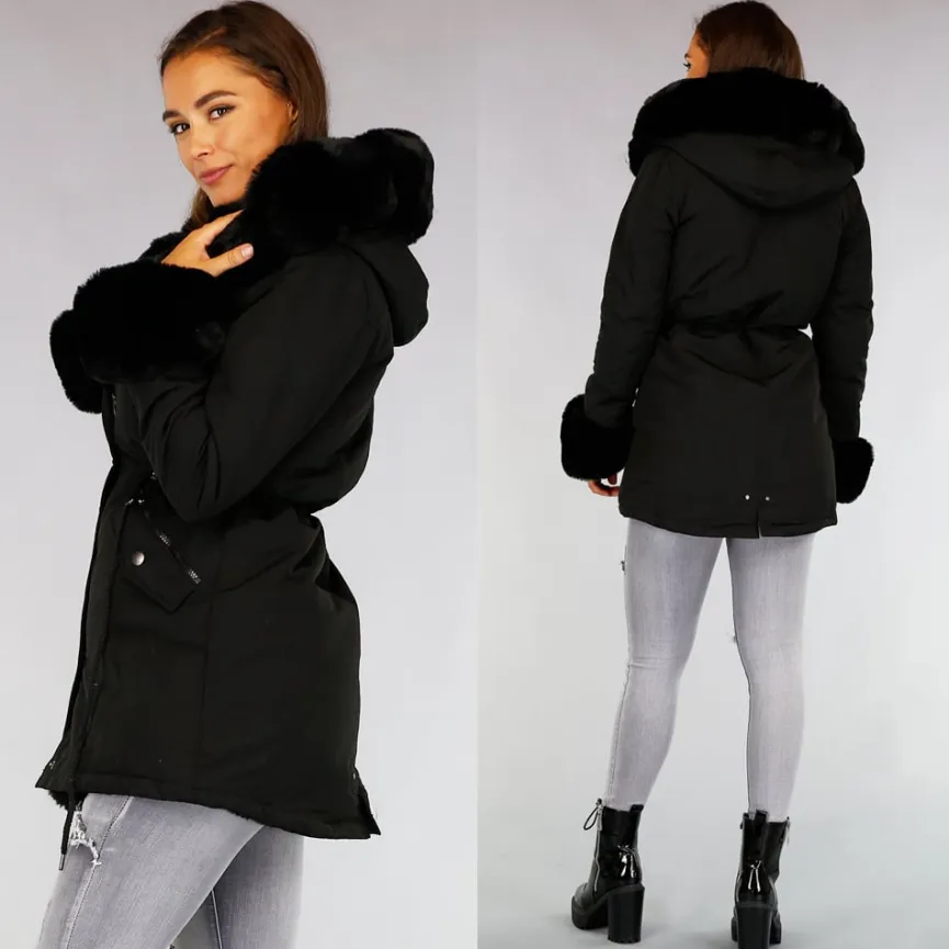 Zwarte Bont Winterjas met Capuchon