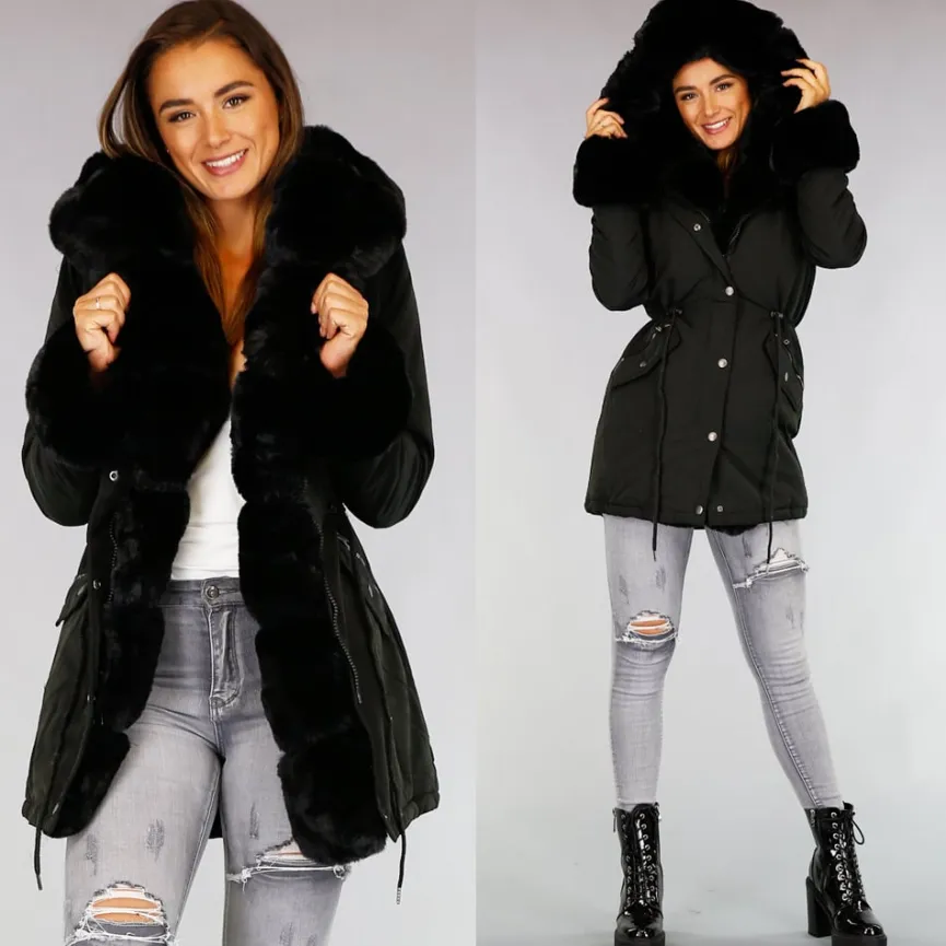 Zwarte Bont Winterjas met Capuchon