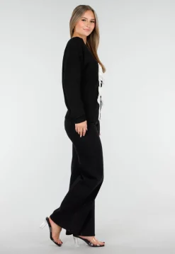 Zwarte Cardigan met Witte Striksluiting en Lange Mouwen