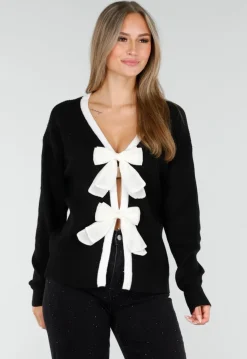 Zwarte Cardigan met Witte Striksluiting en Lange Mouwen