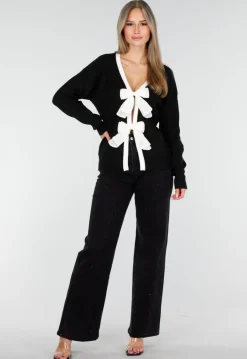 Zwarte Cardigan met Witte Striksluiting en Lange Mouwen