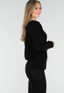 Zwarte Cardigan met Witte Striksluiting en Lange Mouwen