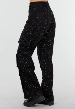 Zwarte Cargo Broek met Strass Details en Rechte Pijpen