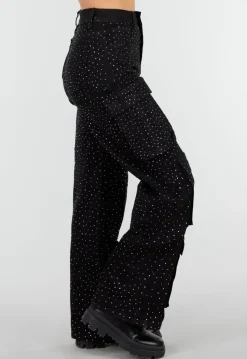 Zwarte Cargo Broek met Strass Details en Rechte Pijpen