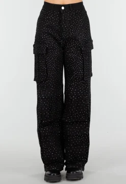 Zwarte Cargo Broek met Strass Details en Rechte Pijpen