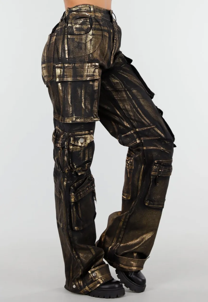 Zwarte Cargo Jeans met Gouden Metallic Coating en Zakken