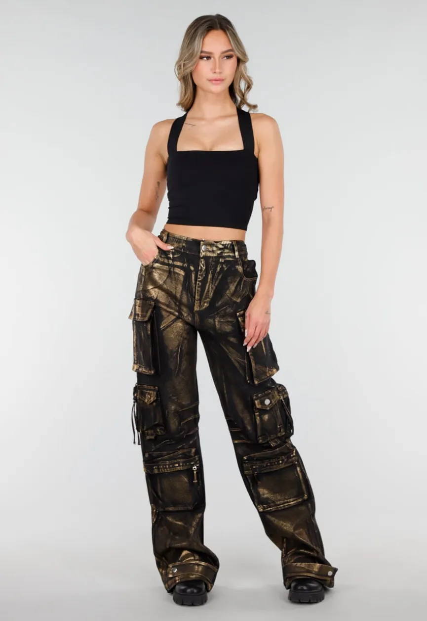 Zwarte Cargo Jeans met Gouden Metallic Coating en Zakken