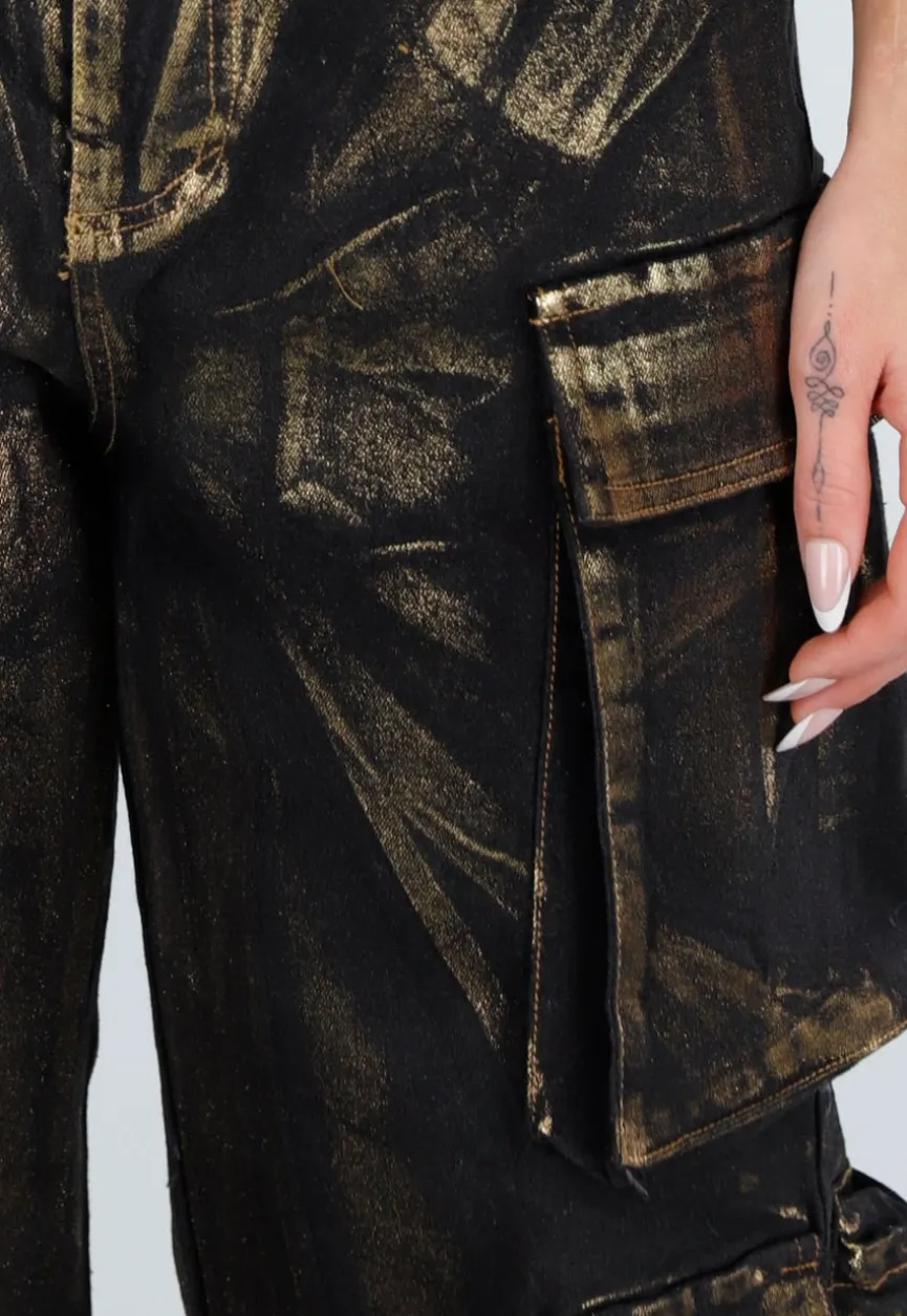 Zwarte Cargo Jeans met Gouden Metallic Coating en Zakken